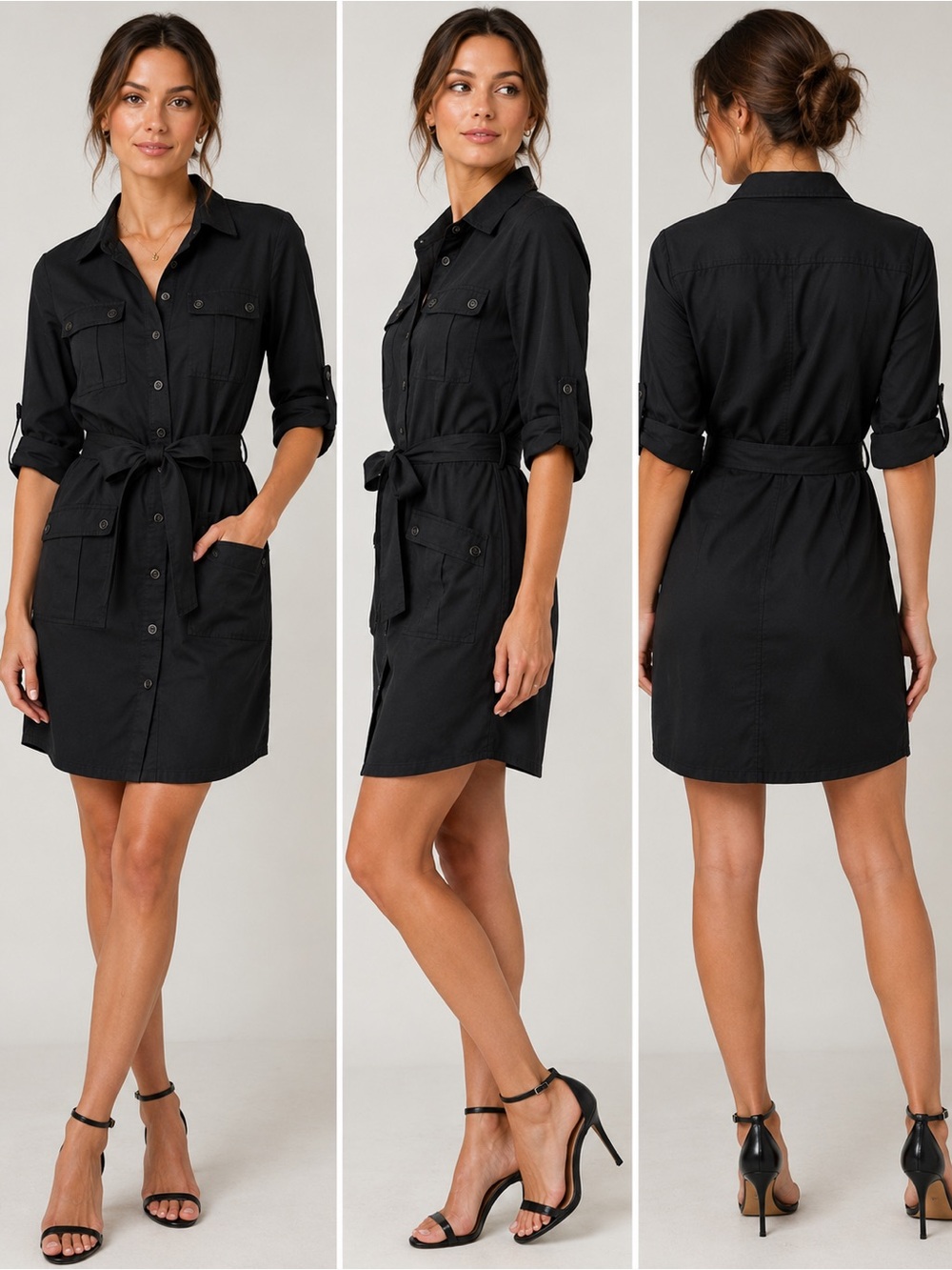 New York & Company Black Button-Front Shirt Dress with Waist Tie